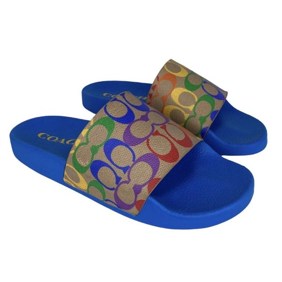 COACH Men's Signature Rainbow Logo Pride LGBTQIA Slides Sandals Size 9 New NIB - Picture 4 of 6